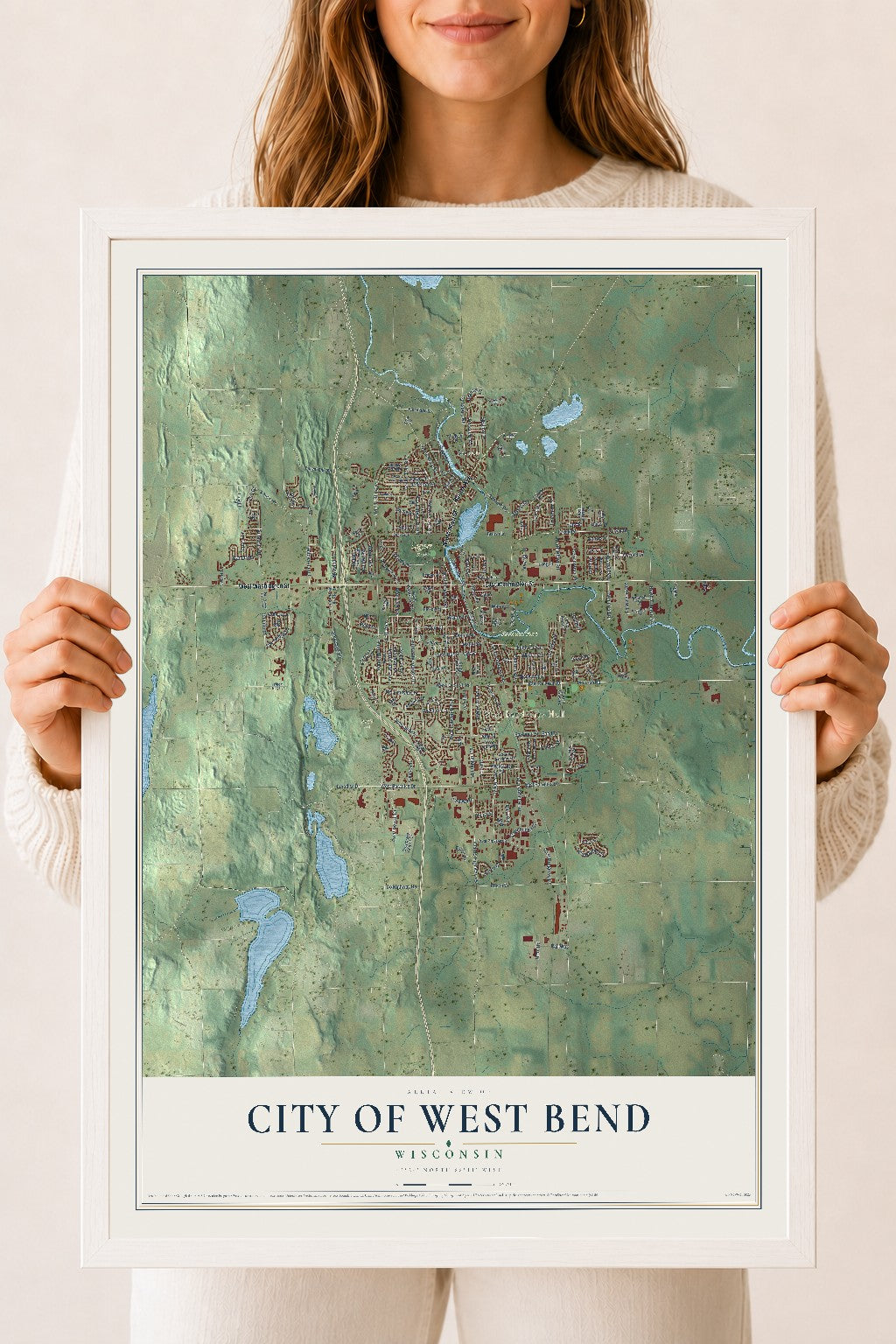 Map of West Bend, Wisconsin, 18 x 24 inch print in a white wood frame