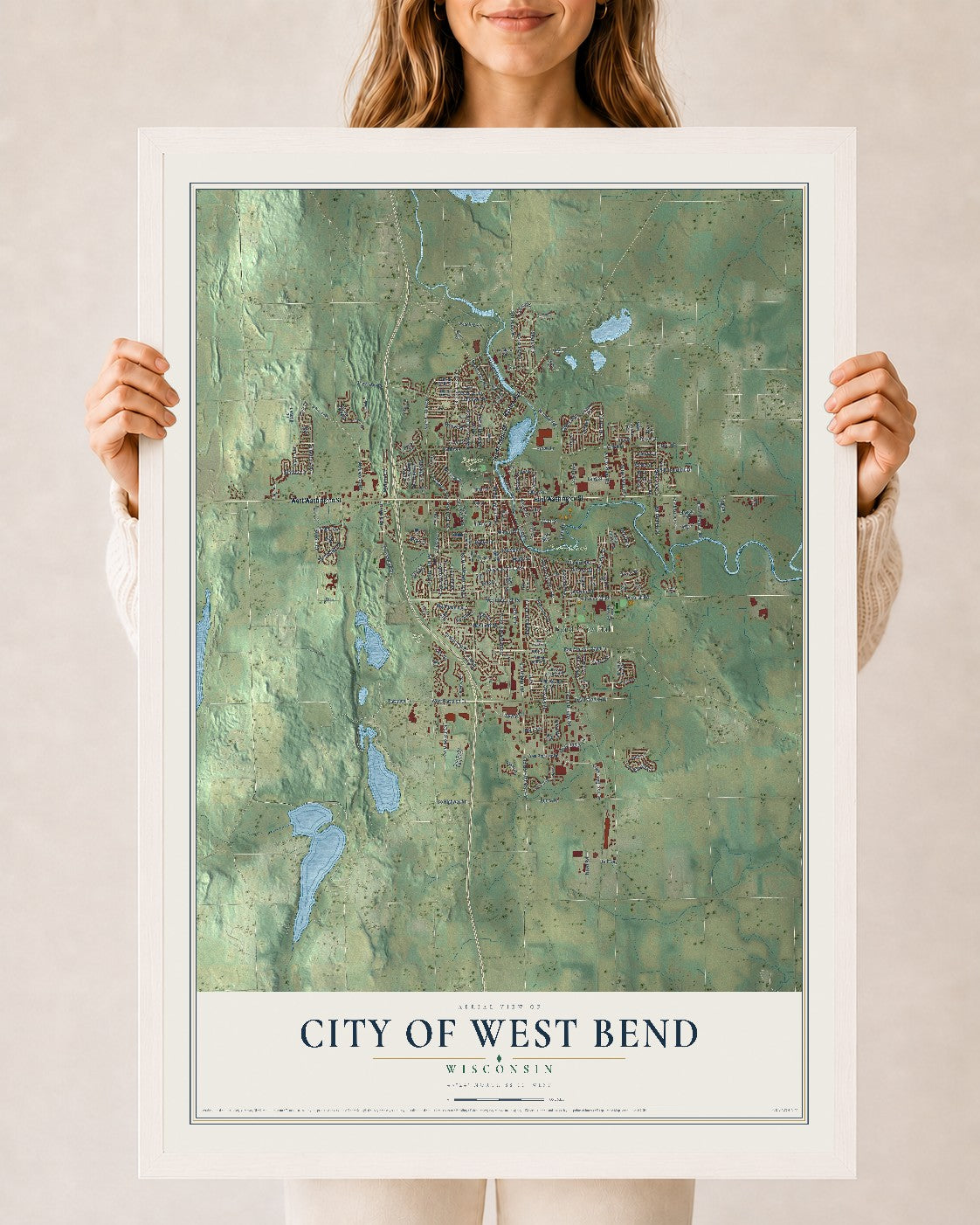 Map of West Bend, Wisconsin, 24 x 36 inch print in a white wood frame