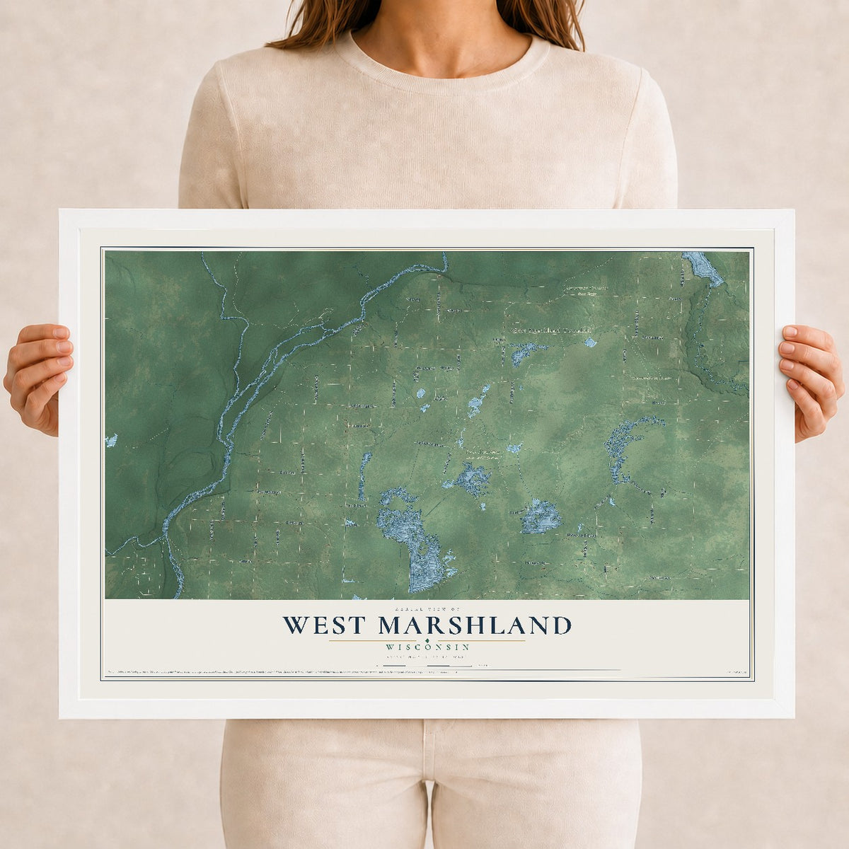 Map of West Marshland, Wisconsin, 12 x 18 inch print in a white wood frame