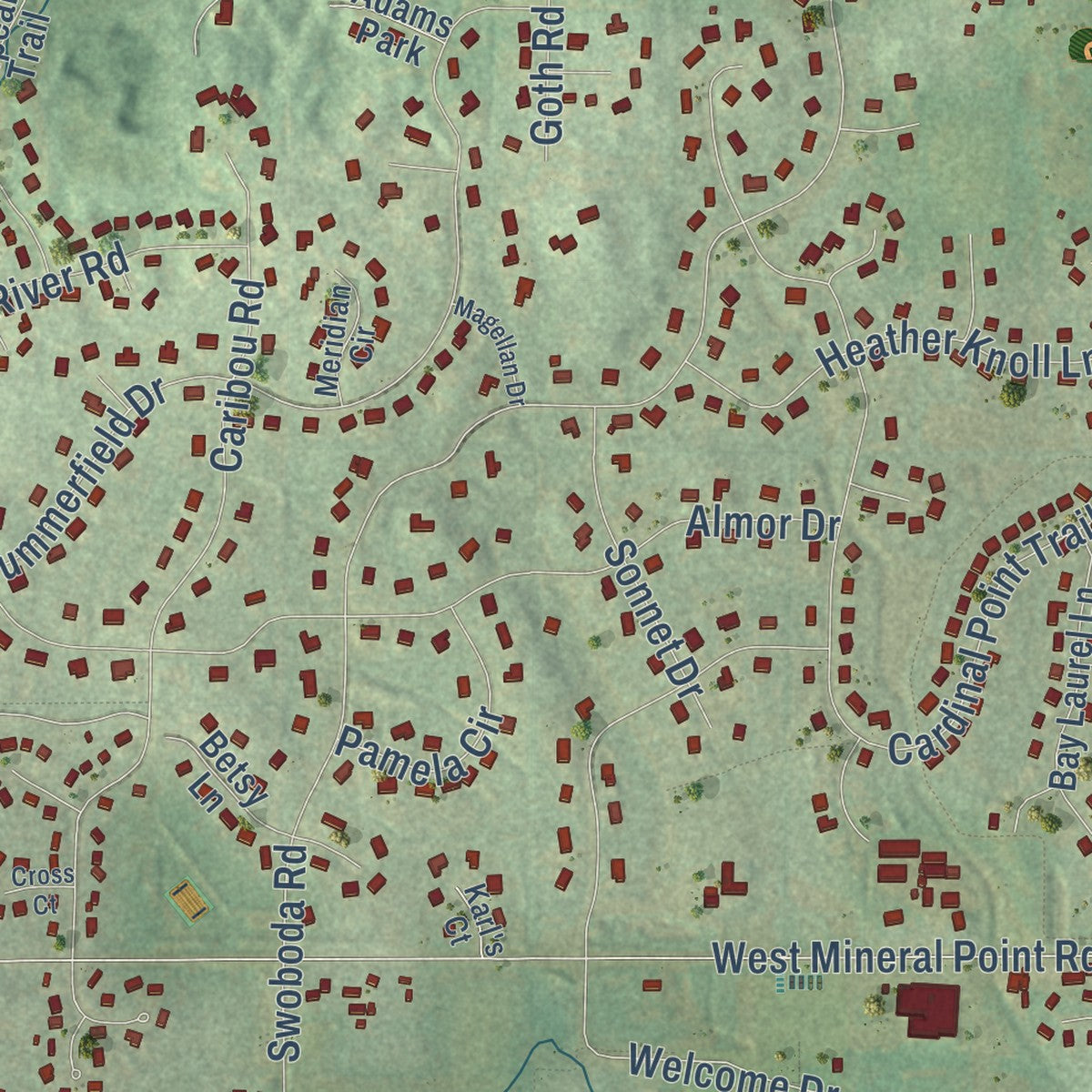 Close-up of the map of West Middleton, Wisconsin print showing street and building detail