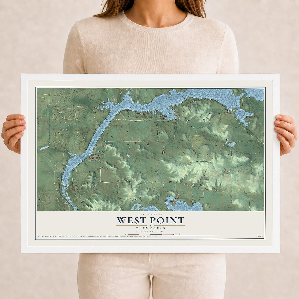 Map of West Point, Wisconsin, 12 x 18 inch print in a white wood frame