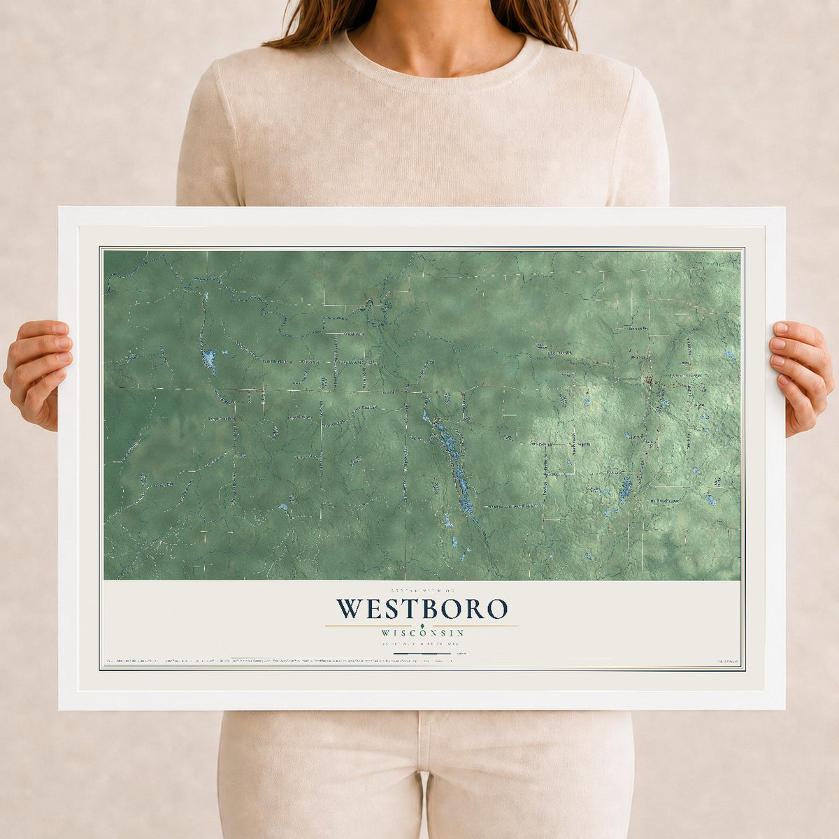 Map of Westboro, Wisconsin, 12 x 18 inch print in a white wood frame