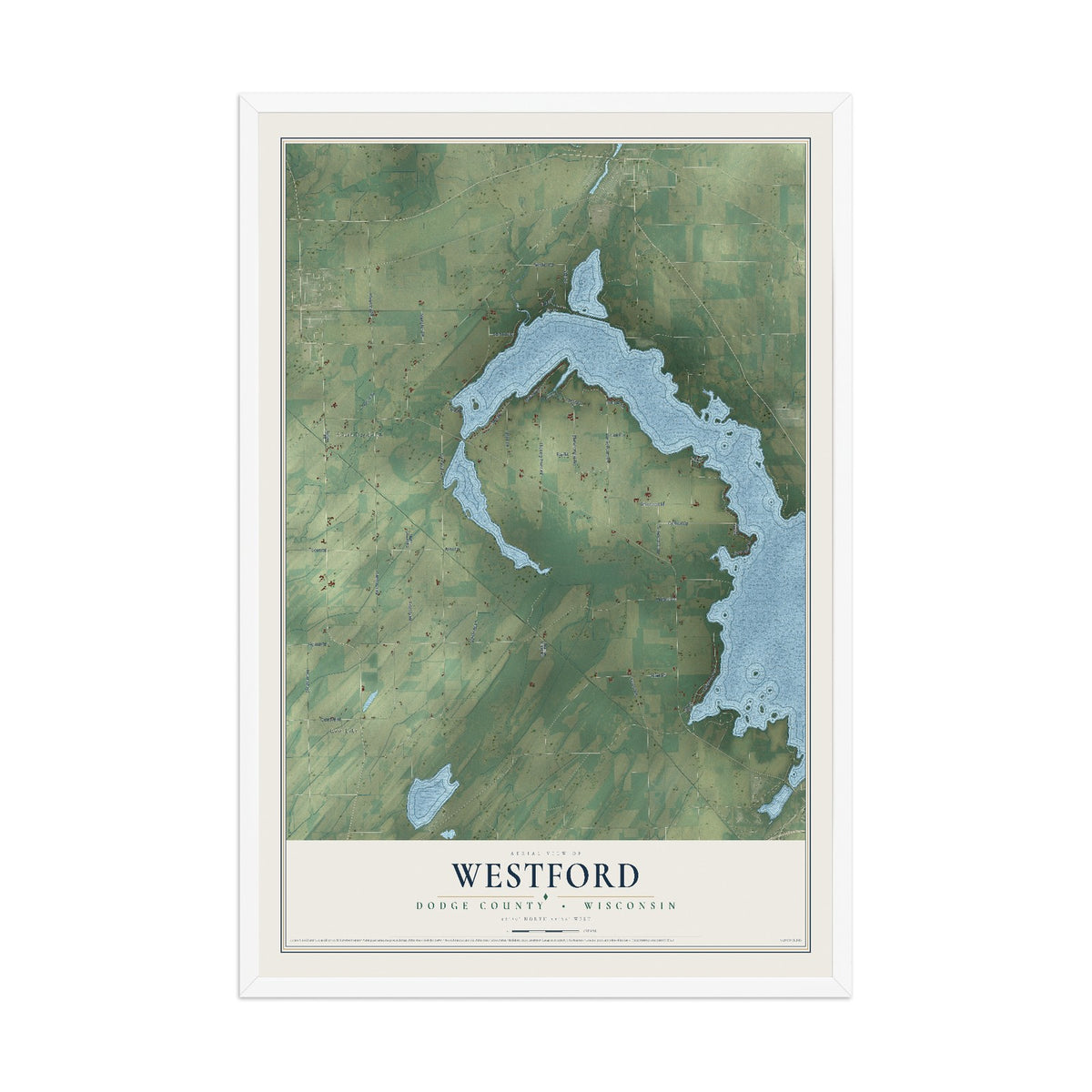 Map of Westford, Dodge County, Wisconsin, 12 x 18 inch print in a white wood frame
