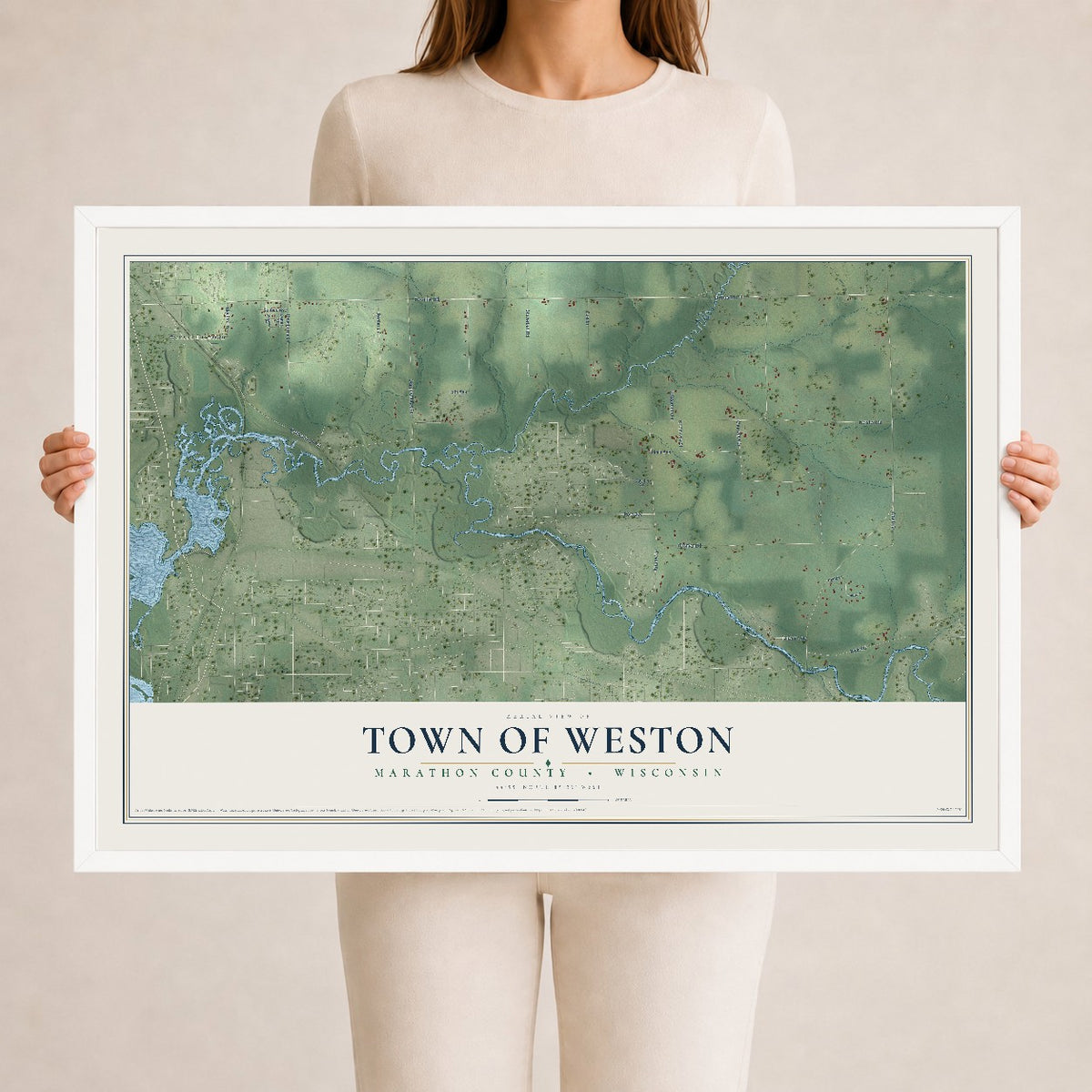 Map of the Town of Weston, Marathon County, Wisconsin, 24 x 36 inch print in a white wood frame
