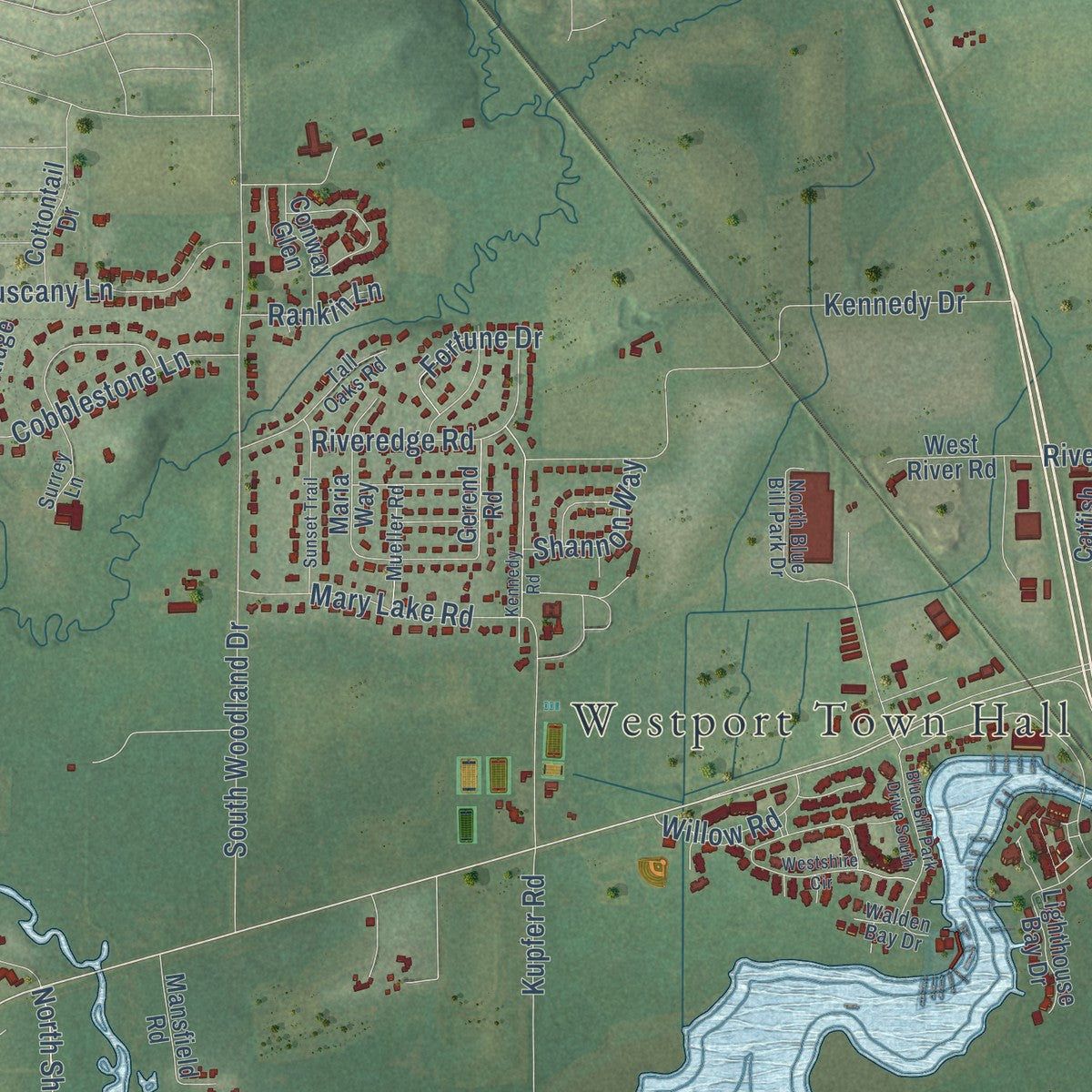 Close-up of the map of Westport, Wisconsin print showing street and building detail