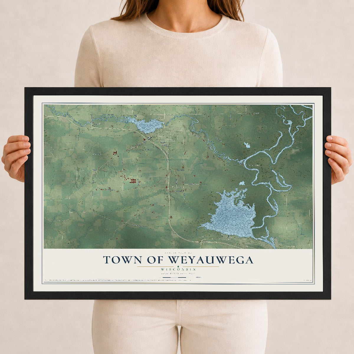Map of the Town of Weyauwega, Wisconsin, 12 x 18 inch print in a black wood frame