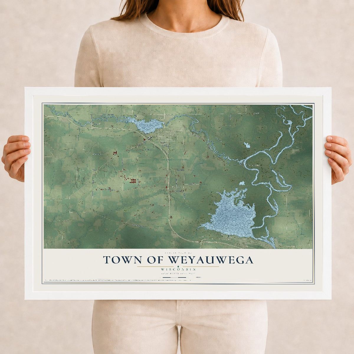 Map of the Town of Weyauwega, Wisconsin, 12 x 18 inch print in a white wood frame