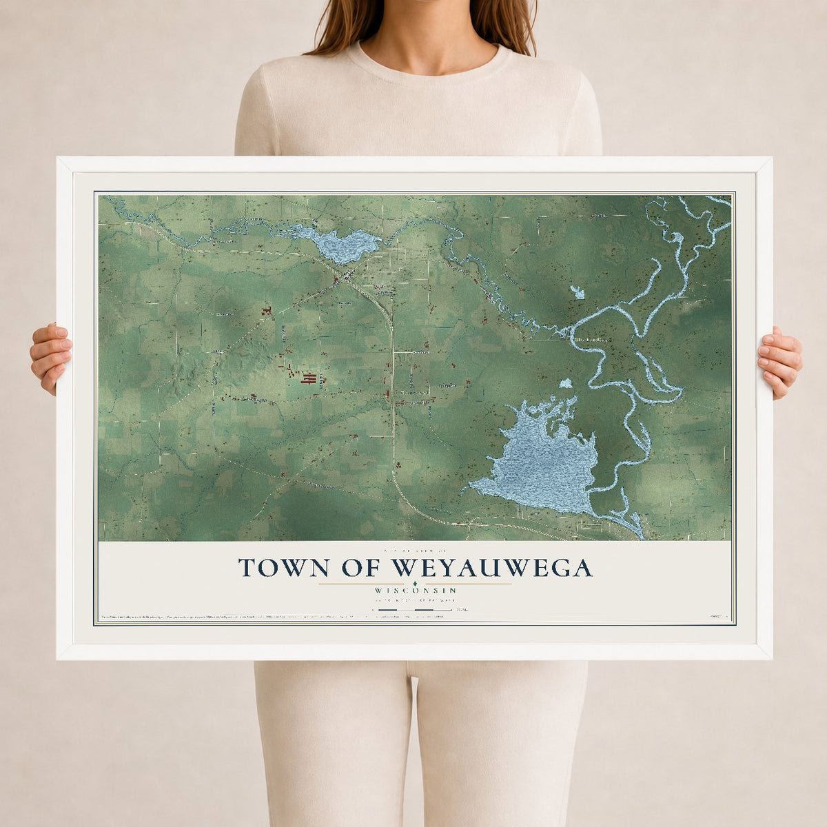 Map of the Town of Weyauwega, Wisconsin, 24 x 36 inch print in a white wood frame