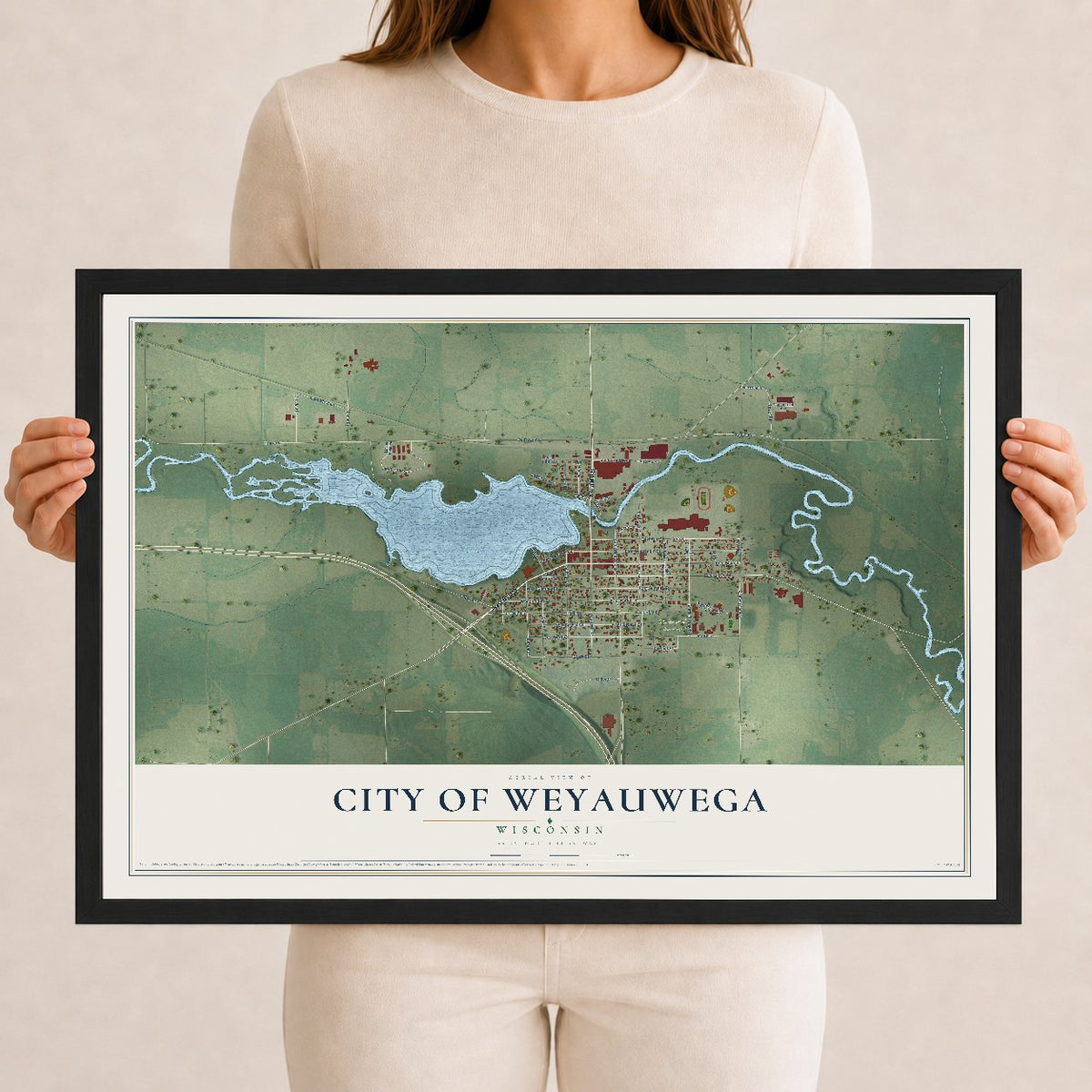 Map of Weyauwega, Wisconsin, 12 x 18 inch print in a black wood frame