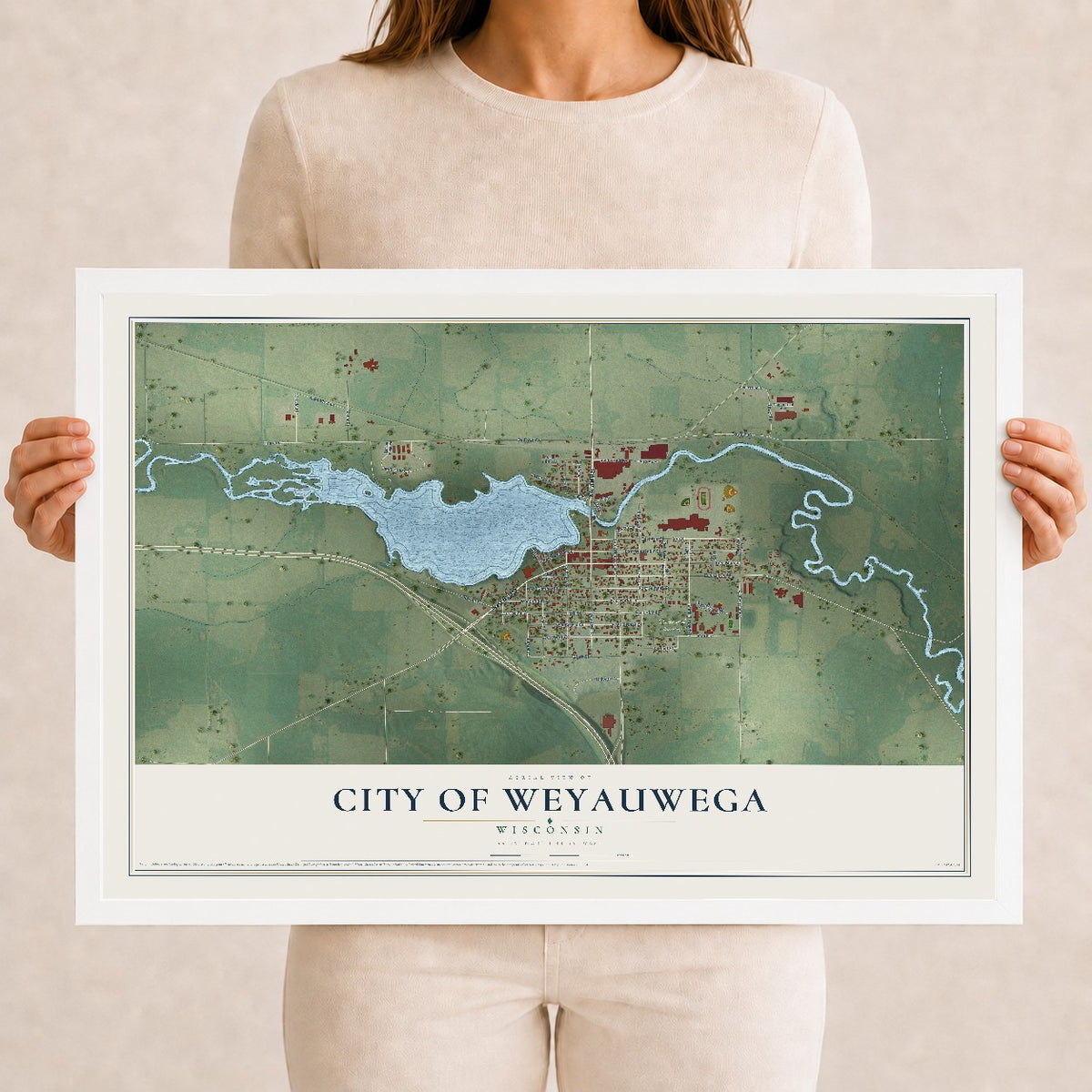 Map of Weyauwega, Wisconsin, 12 x 18 inch print in a white wood frame