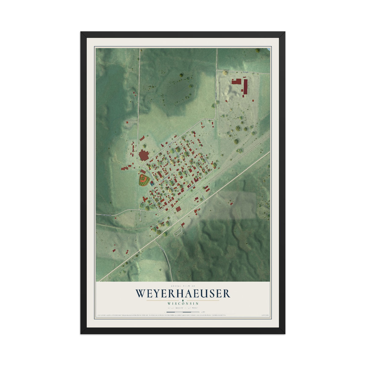 Map of Weyerhaeuser, Wisconsin, 12 x 18 inch print in a black wood frame