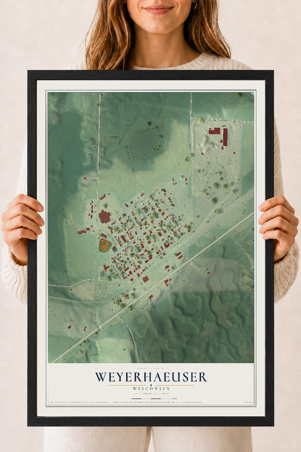 Map of Weyerhaeuser, Wisconsin, 18 x 24 inch print in a black wood frame