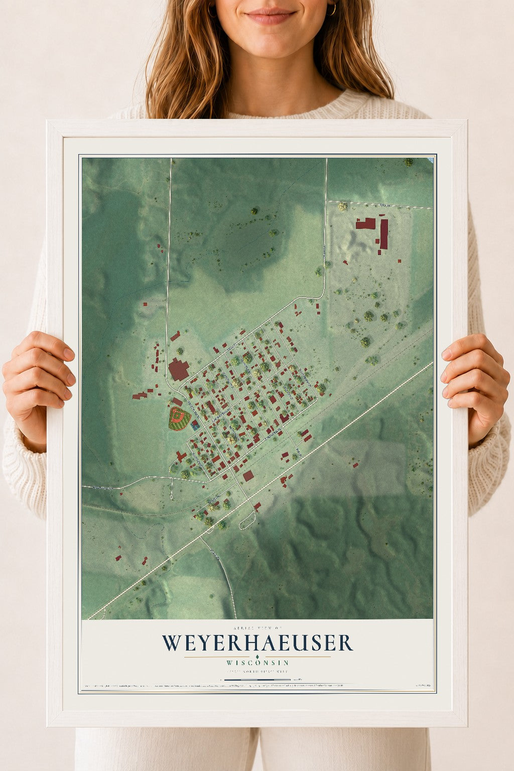 Map of Weyerhaeuser, Wisconsin, 18 x 24 inch print in a white wood frame