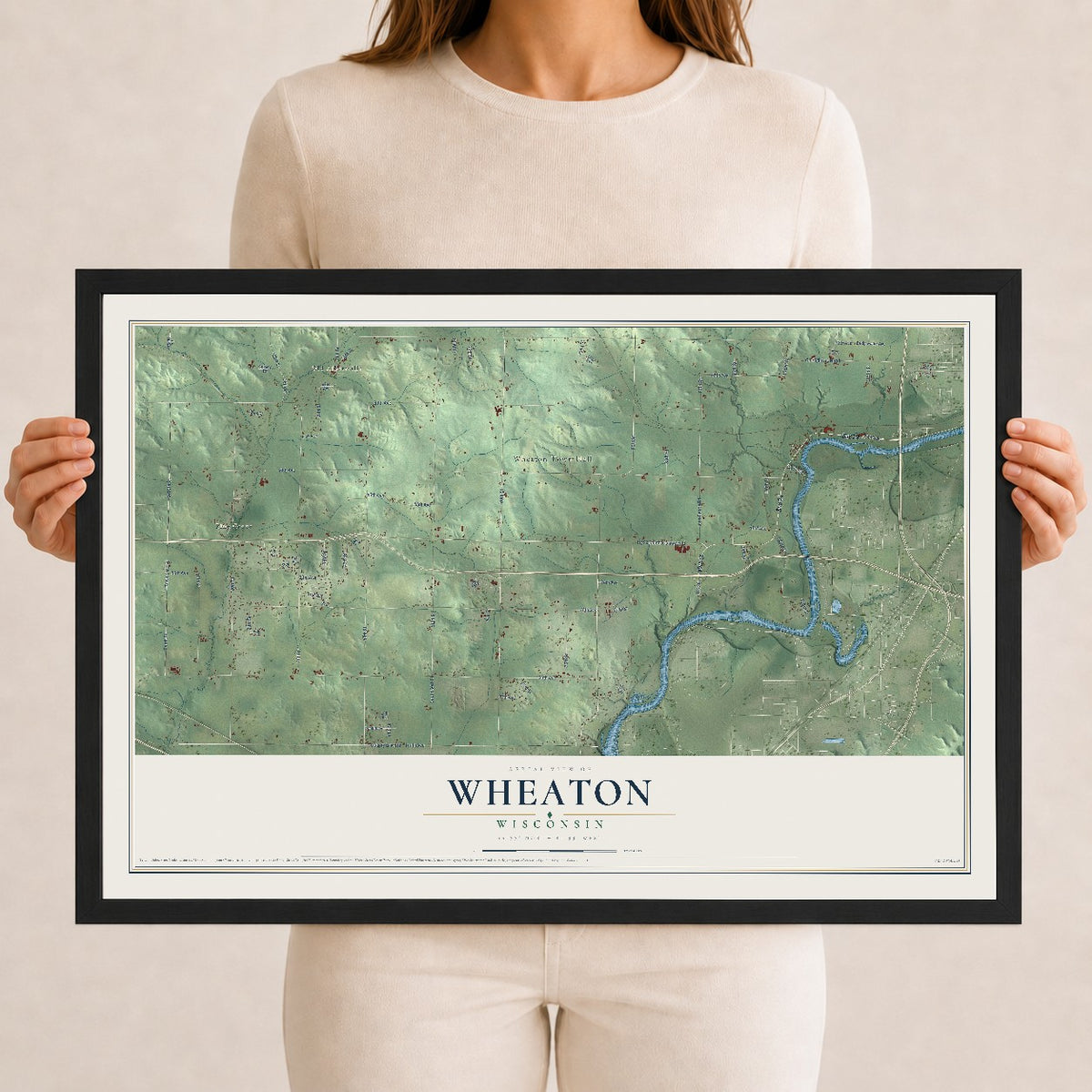 Map of Wheaton, Wisconsin, 12 x 18 inch print in a black wood frame