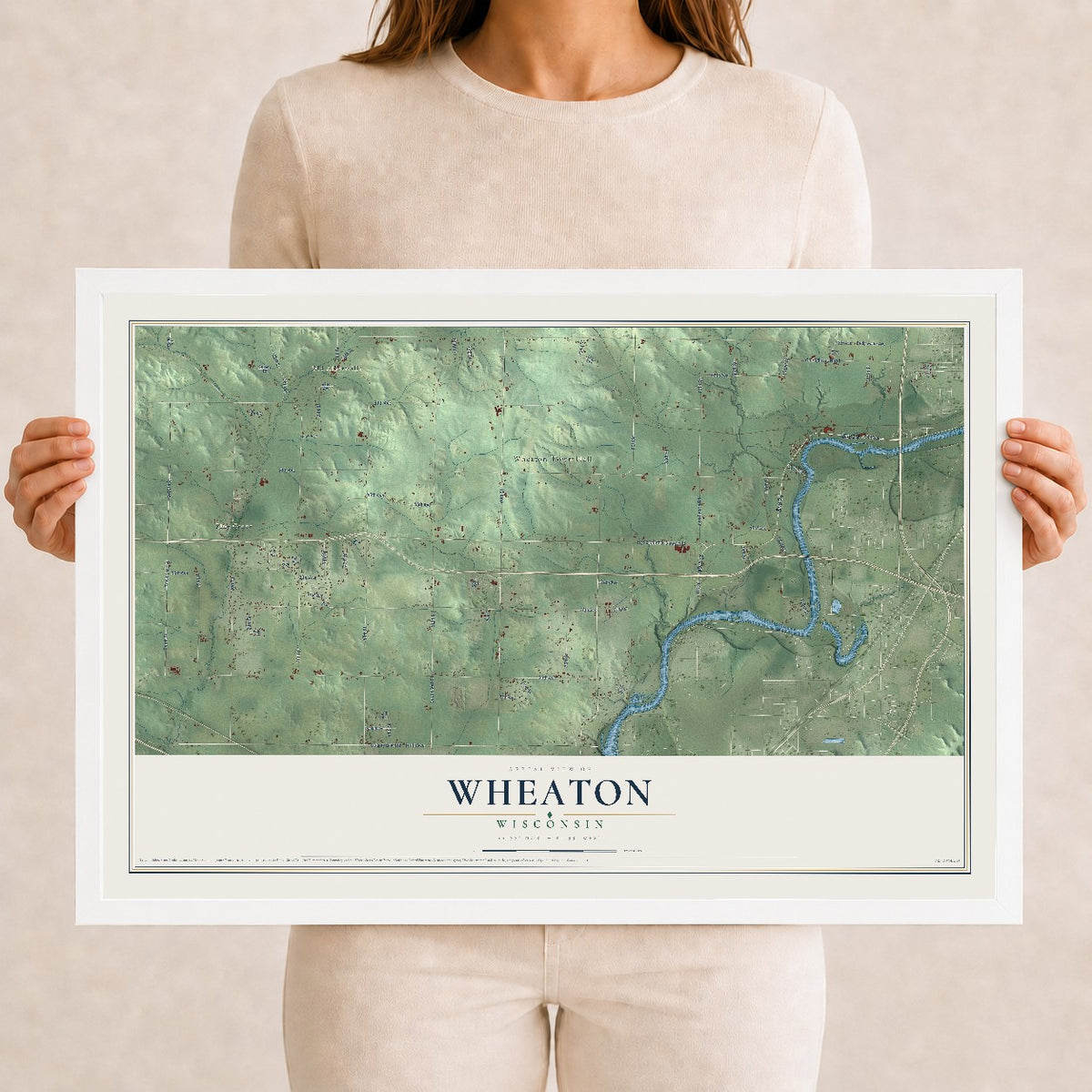 Map of Wheaton, Wisconsin, 12 x 18 inch print in a white wood frame