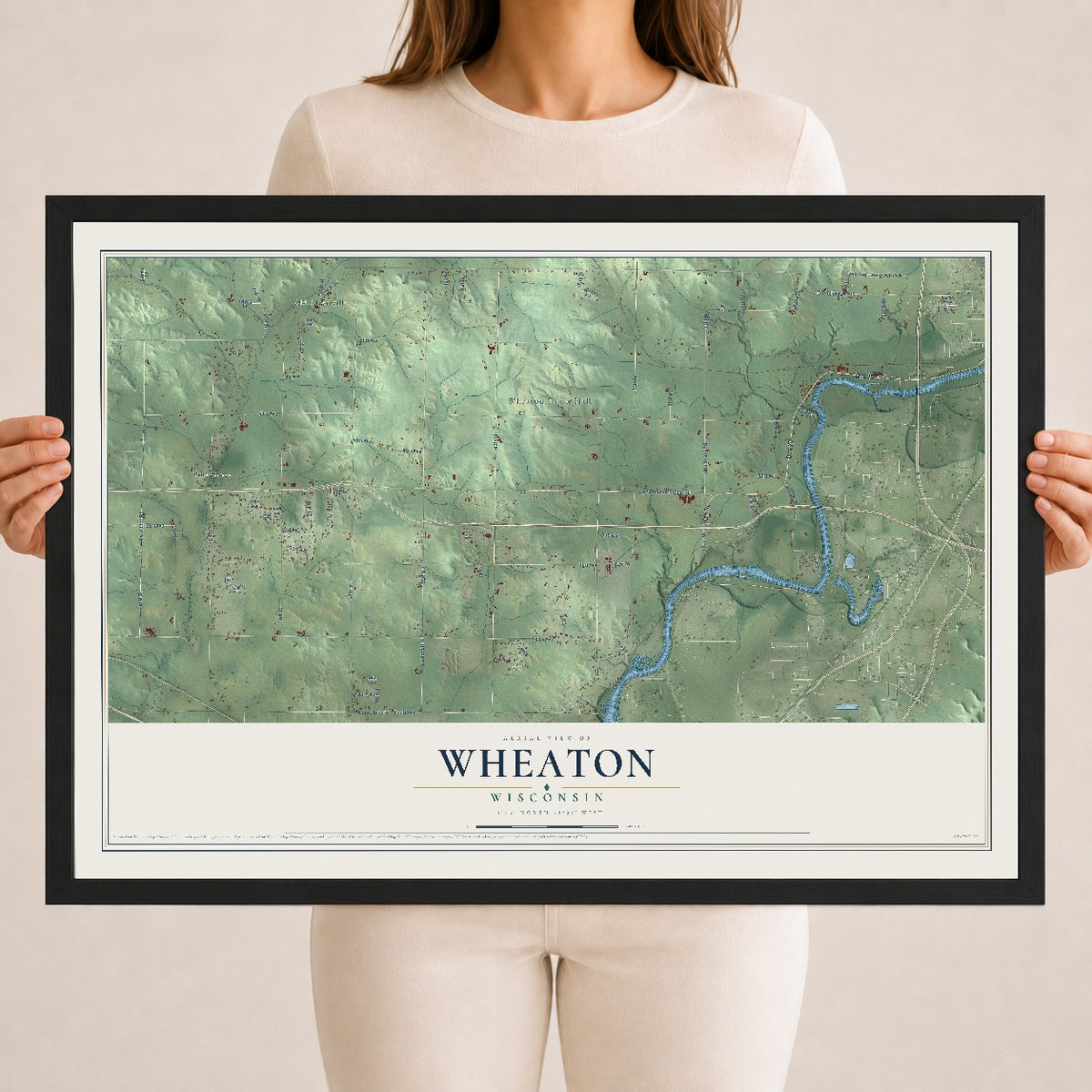 Map of Wheaton, Wisconsin, 18 x 24 inch print in a black wood frame