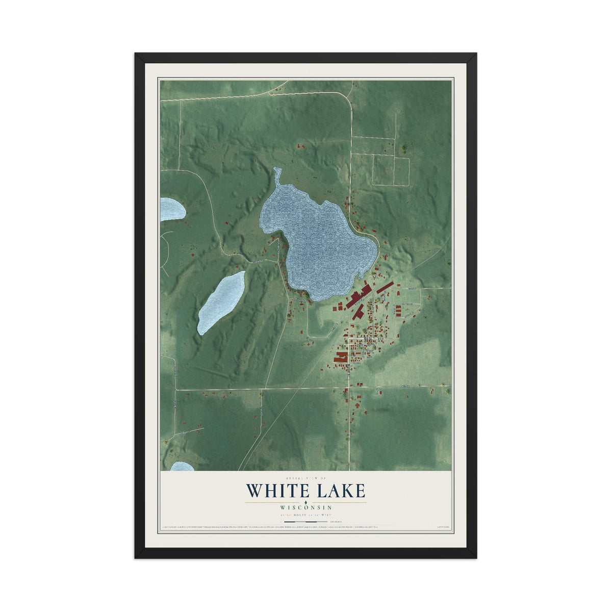 Map of White Lake, Wisconsin, 12 x 18 inch print in a black wood frame