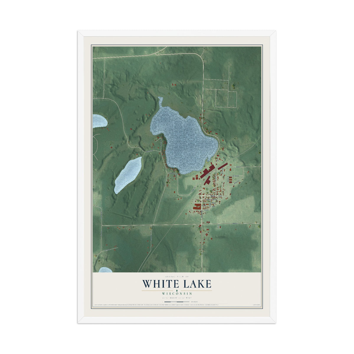 Map of White Lake, Wisconsin, 12 x 18 inch print in a white wood frame