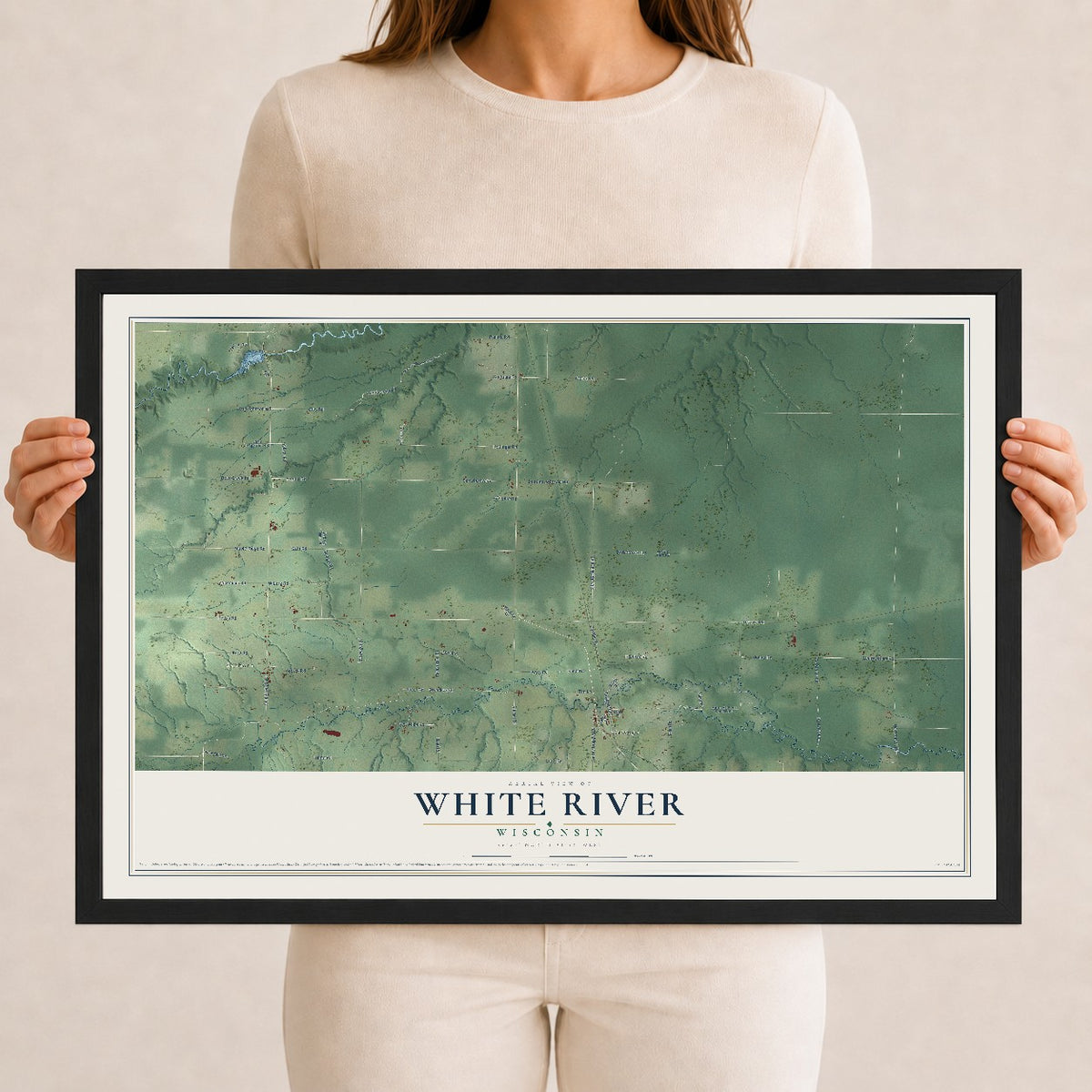 Map of White River, Wisconsin, 12 x 18 inch print in a black wood frame