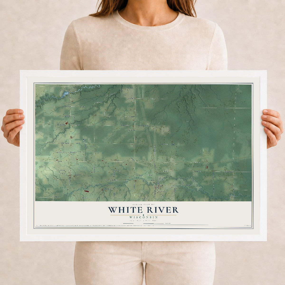 Map of White River, Wisconsin, 12 x 18 inch print in a white wood frame
