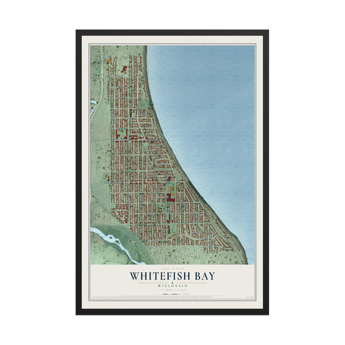 Map of Whitefish Bay, Wisconsin, 12 x 18 inch print in a black wood frame