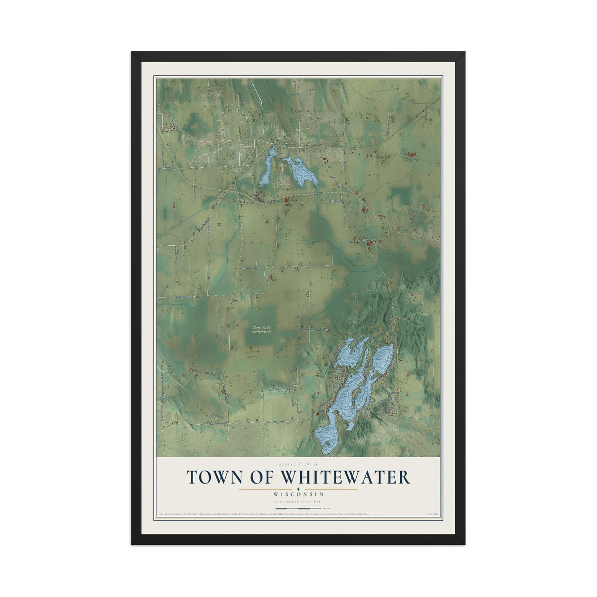Map of the Town of Whitewater, Wisconsin, 12 x 18 inch print in a black wood frame
