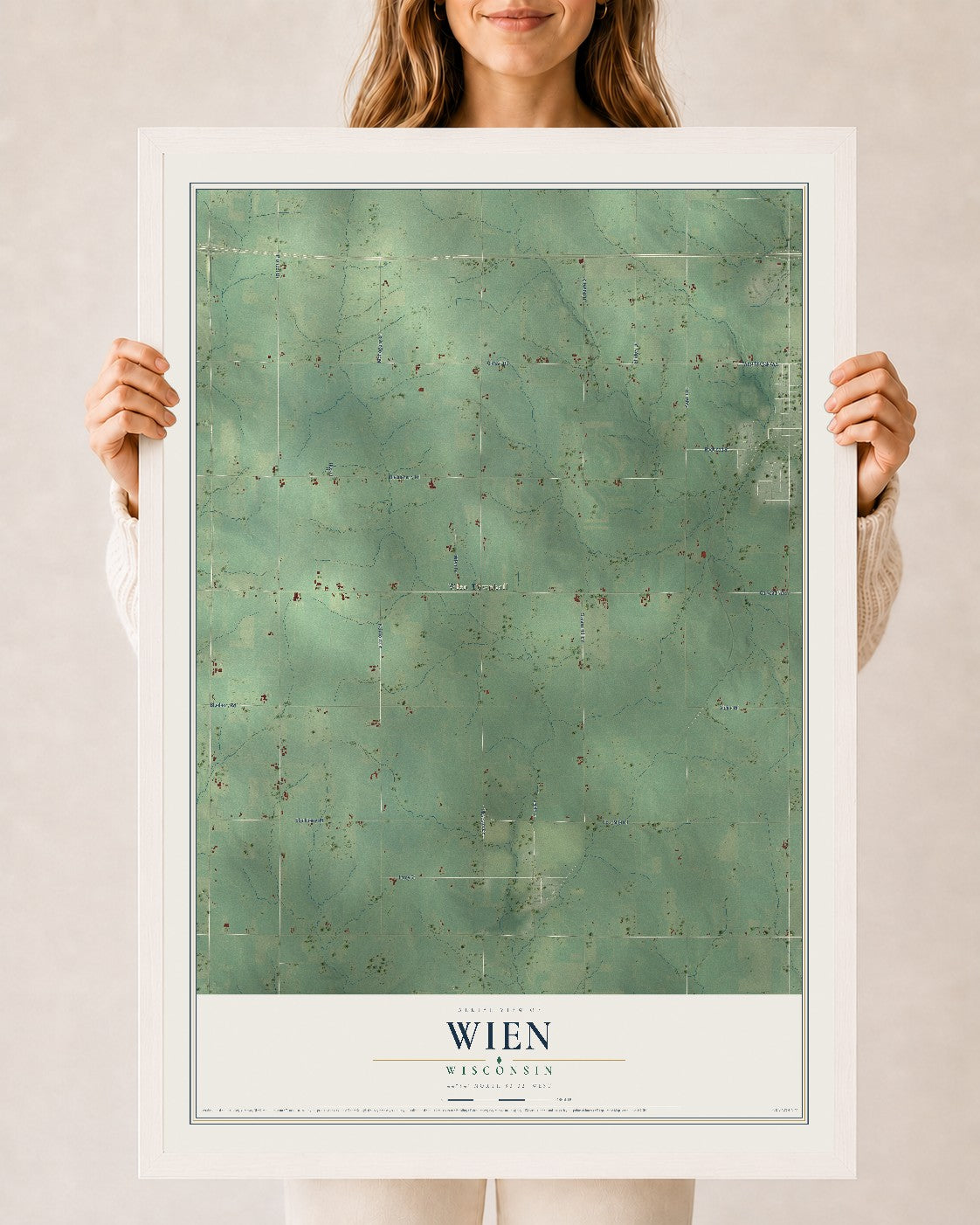 Map of Wien, Wisconsin, 24 x 36 inch print in a white wood frame