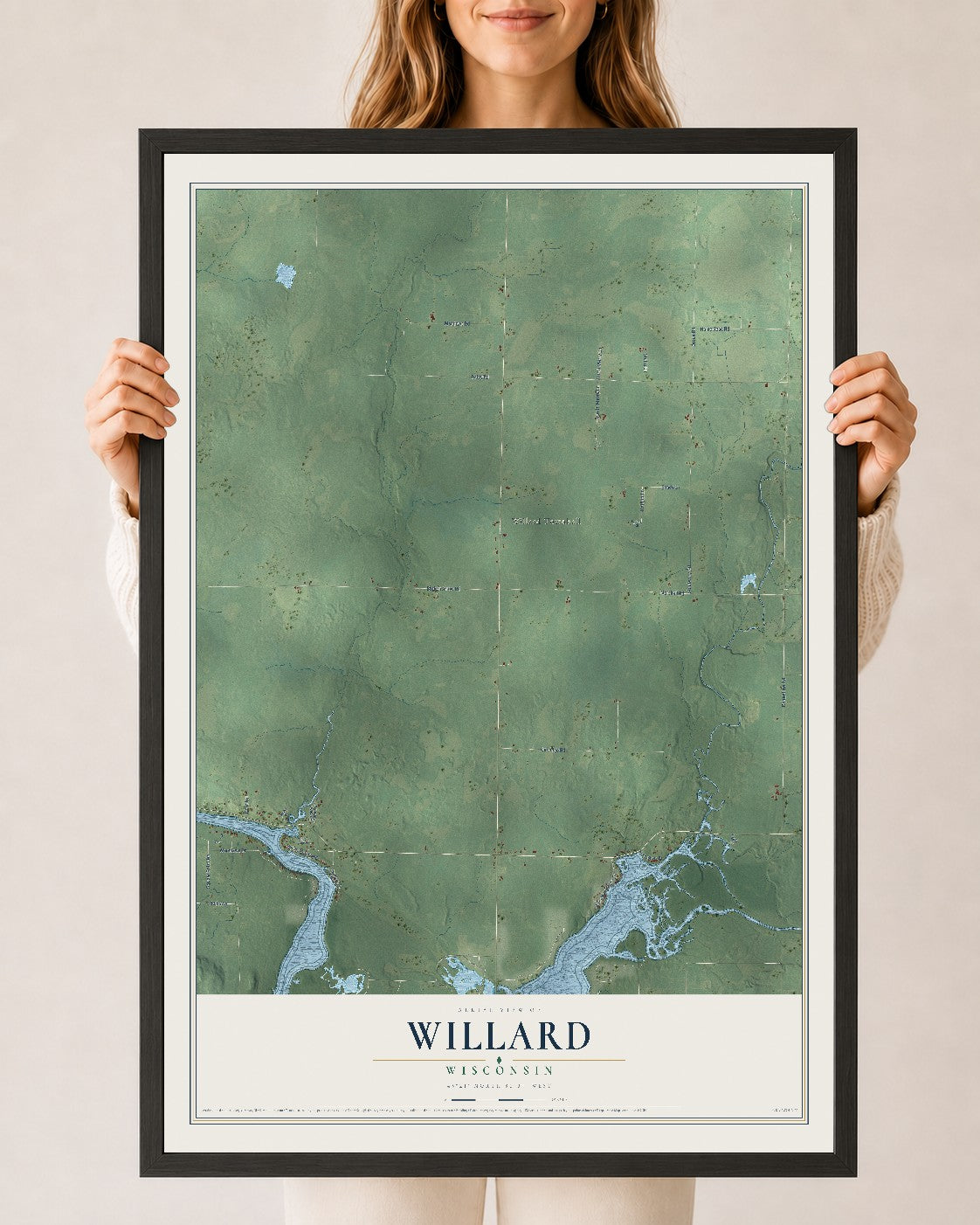 Map of Willard, Wisconsin, 24 x 36 inch print in a black wood frame