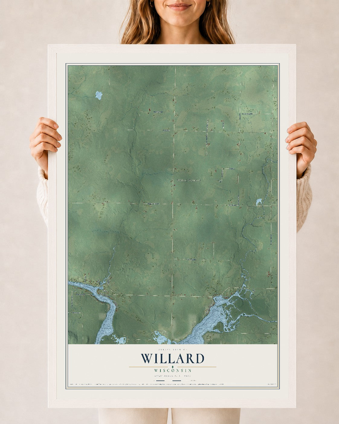 Map of Willard, Wisconsin, 24 x 36 inch print in a white wood frame