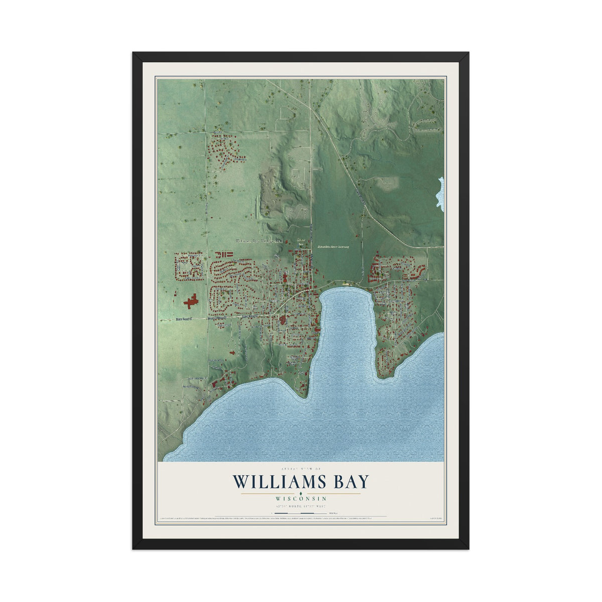 Map of Williams Bay, Wisconsin, 12 x 18 inch print in a black wood frame