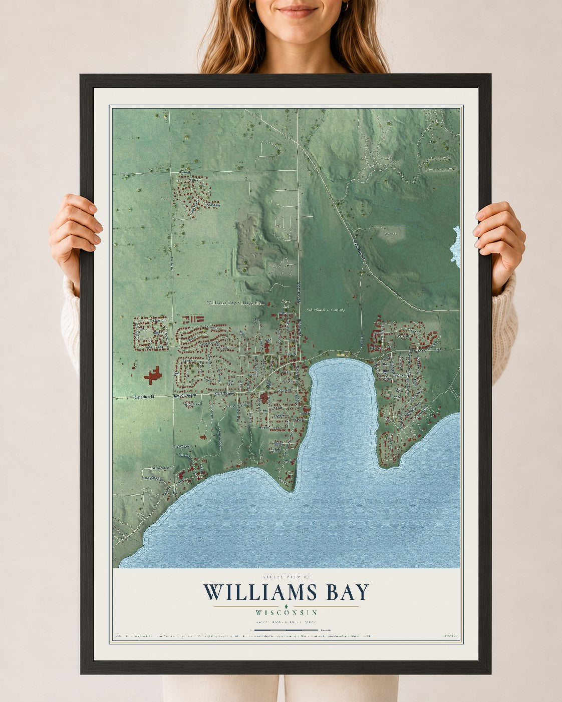 Map of Williams Bay, Wisconsin, 24 x 36 inch print in a black wood frame