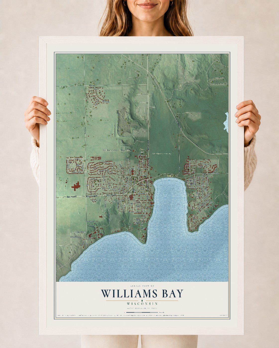 Map of Williams Bay, Wisconsin, 24 x 36 inch print in a white wood frame