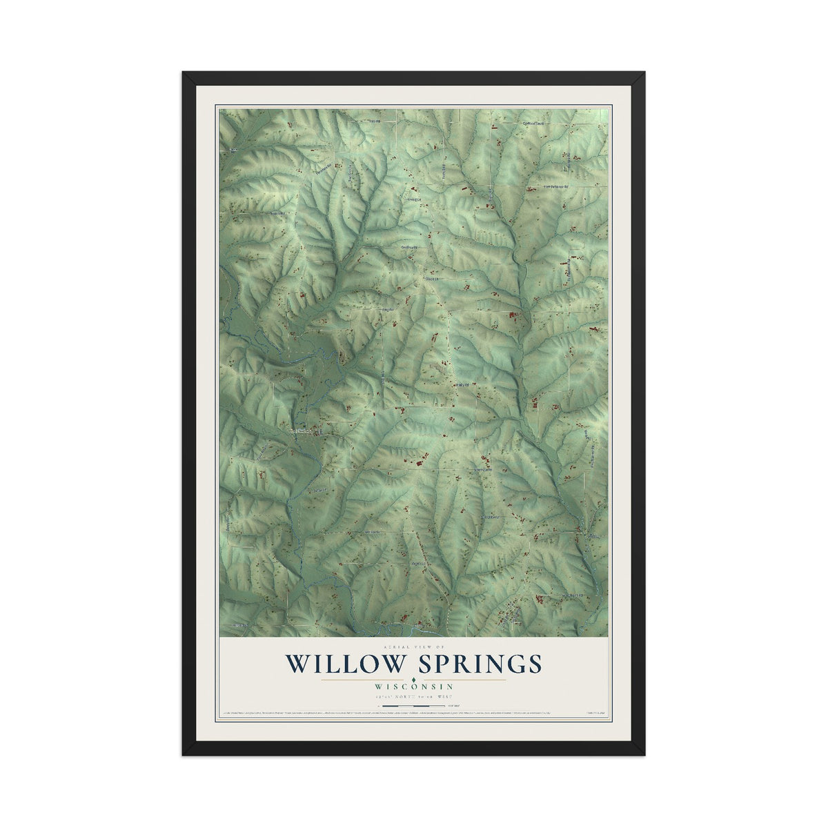 Map of Willow Springs, Wisconsin, 12 x 18 inch print in a black wood frame