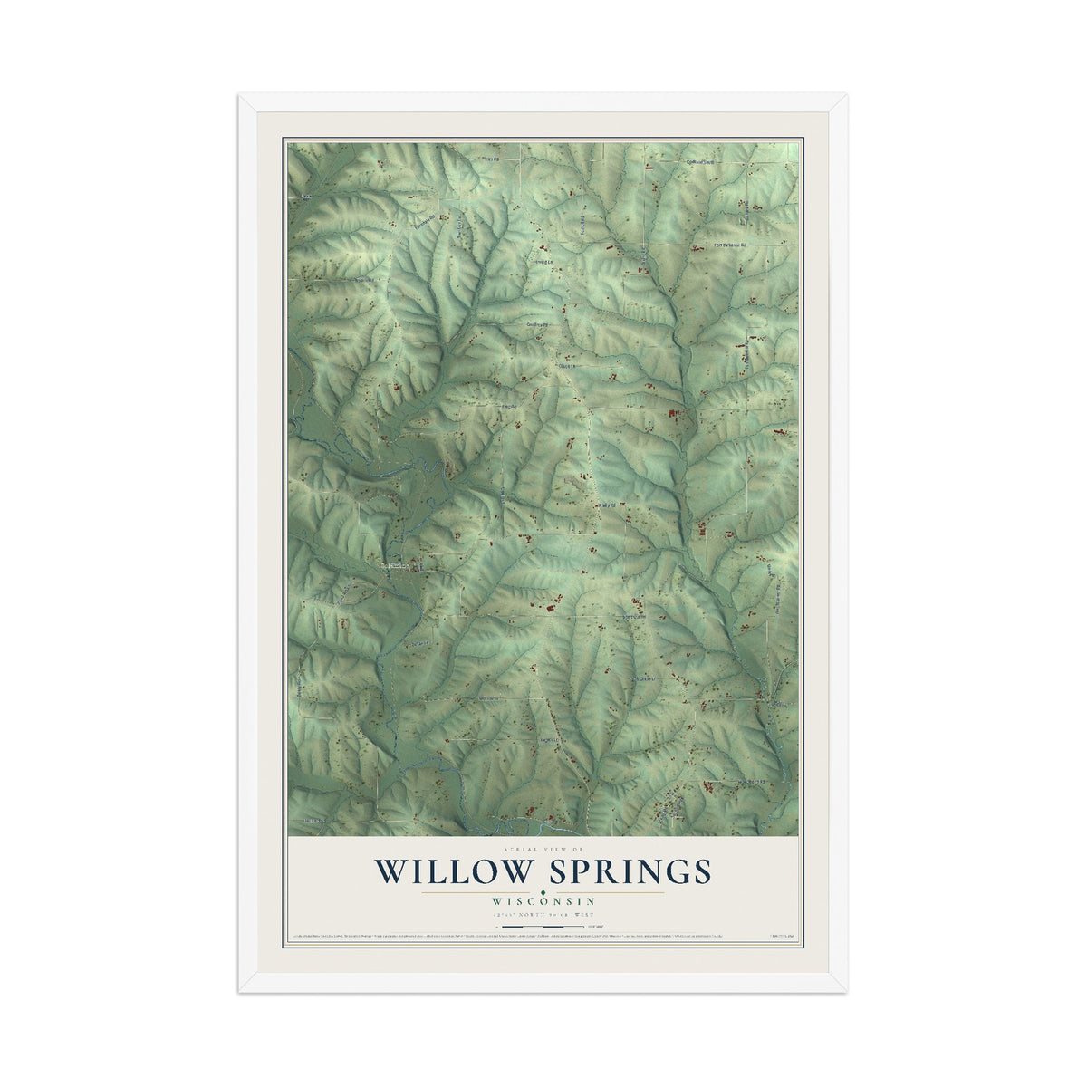 Map of Willow Springs, Wisconsin, 12 x 18 inch print in a white wood frame
