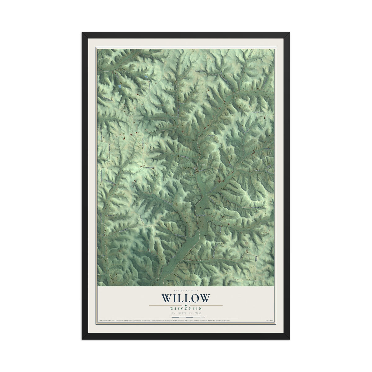 Map of Willow, Wisconsin, 12 x 18 inch print in a black wood frame