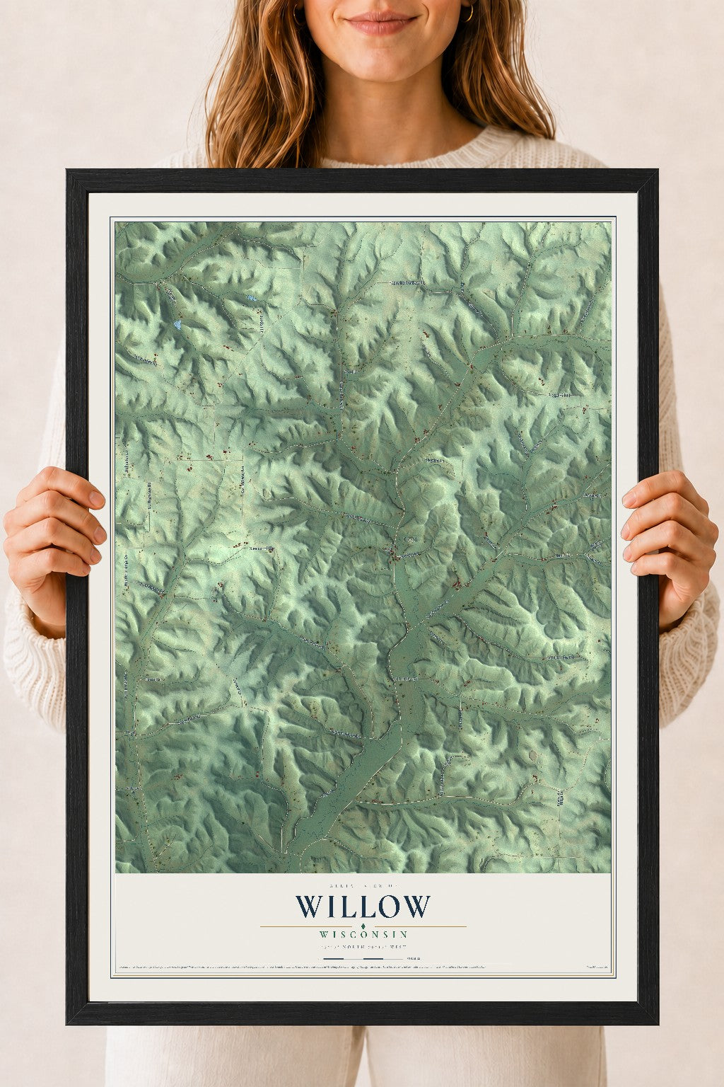 Map of Willow, Wisconsin, 18 x 24 inch print in a black wood frame