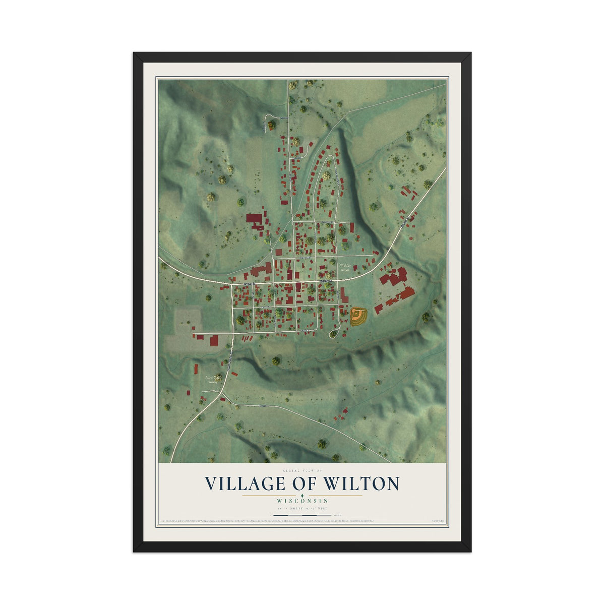Map of Wilton, Wisconsin, 12 x 18 inch print in a black wood frame
