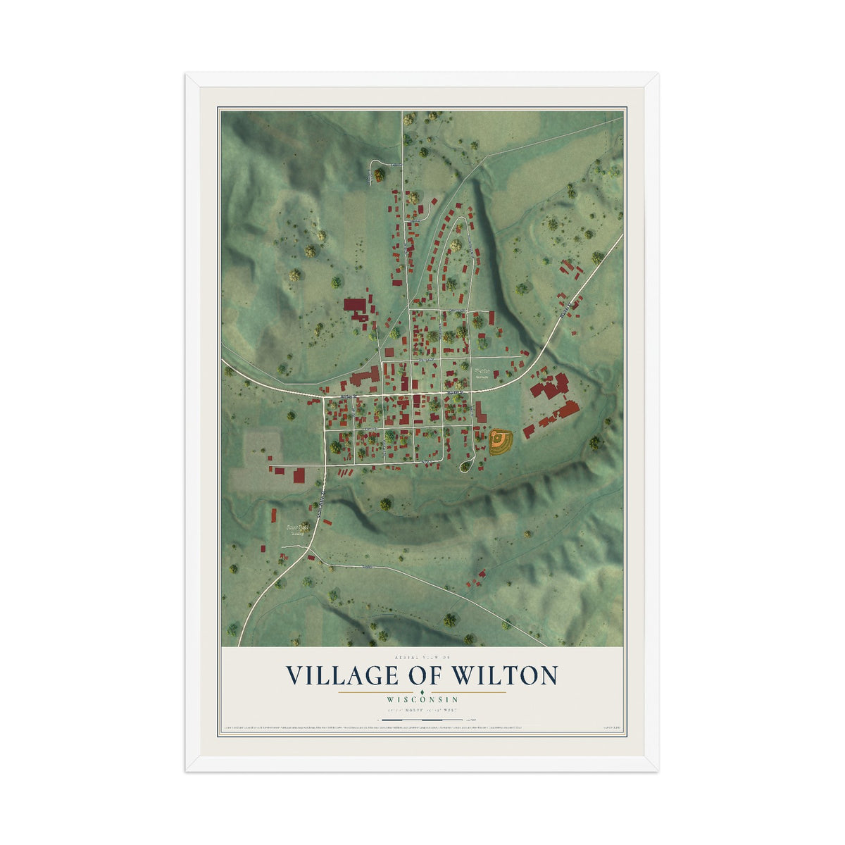 Map of Wilton, Wisconsin, 12 x 18 inch print in a white wood frame