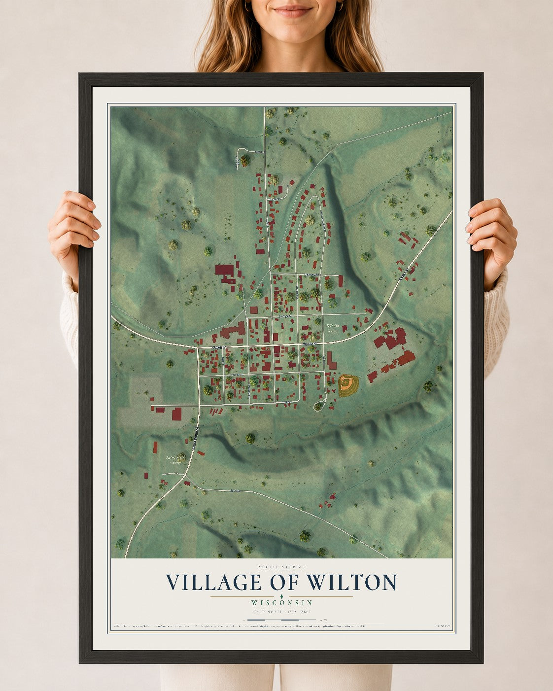 Map of Wilton, Wisconsin, 24 x 36 inch print in a black wood frame