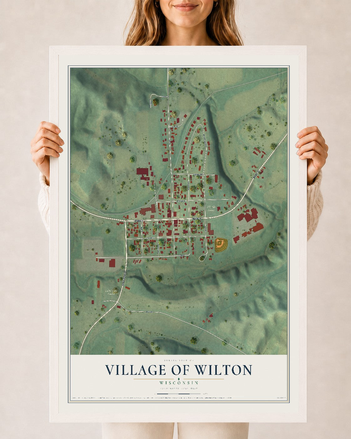 Map of Wilton, Wisconsin, 24 x 36 inch print in a white wood frame