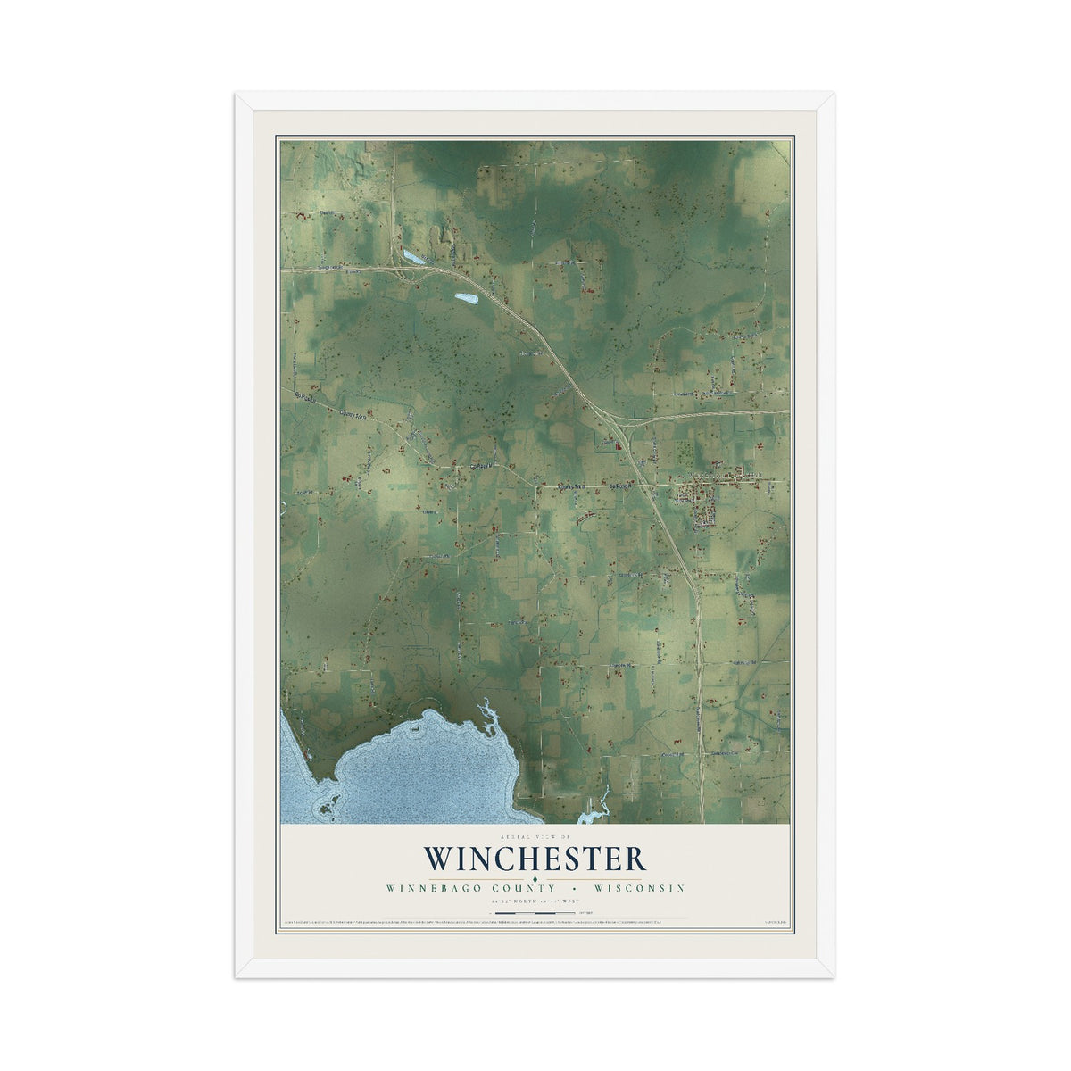 Map of Winchester, Winnebago County, Wisconsin, 12 x 18 inch print in a white wood frame