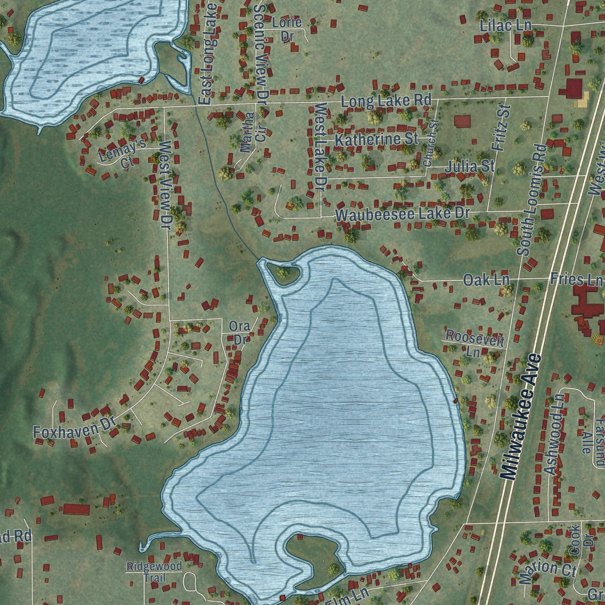 Close-up of the map of Wind Lake, Wisconsin print showing street and building detail