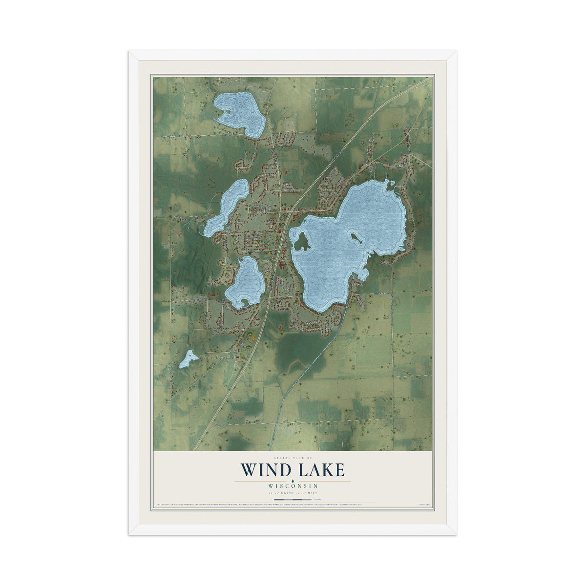 Map of Wind Lake, Wisconsin, 12 x 18 inch print in a white wood frame