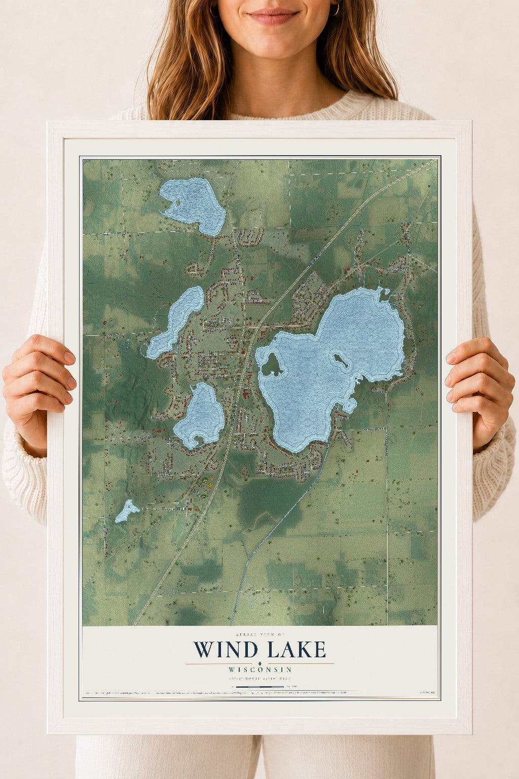 Map of Wind Lake, Wisconsin, 18 x 24 inch print in a white wood frame
