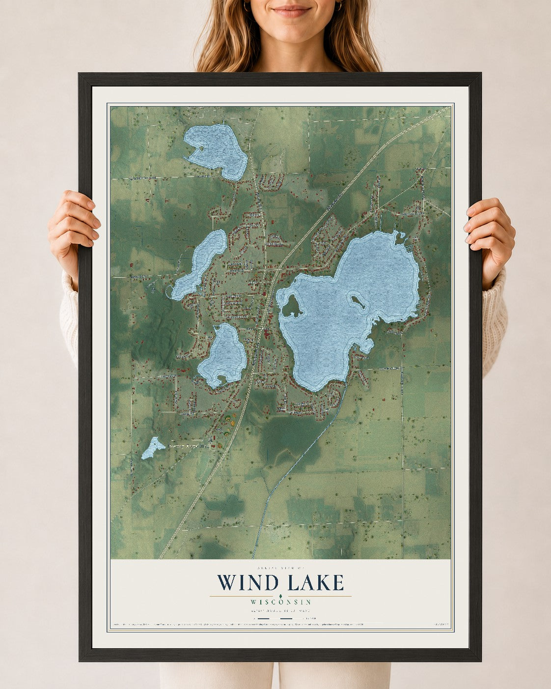 Map of Wind Lake, Wisconsin, 24 x 36 inch print in a black wood frame