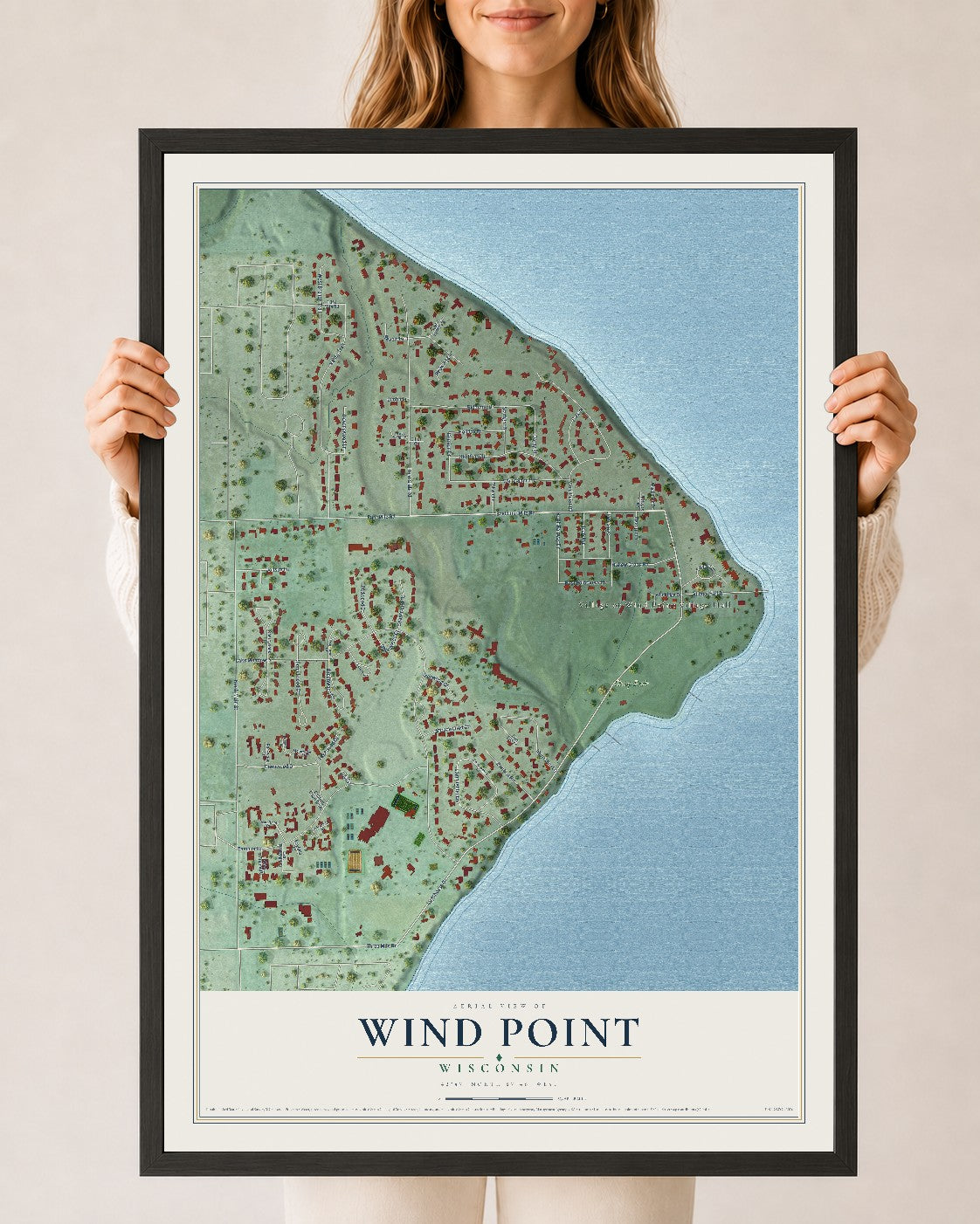 Map of Wind Point, Wisconsin, 24 x 36 inch print in a black wood frame