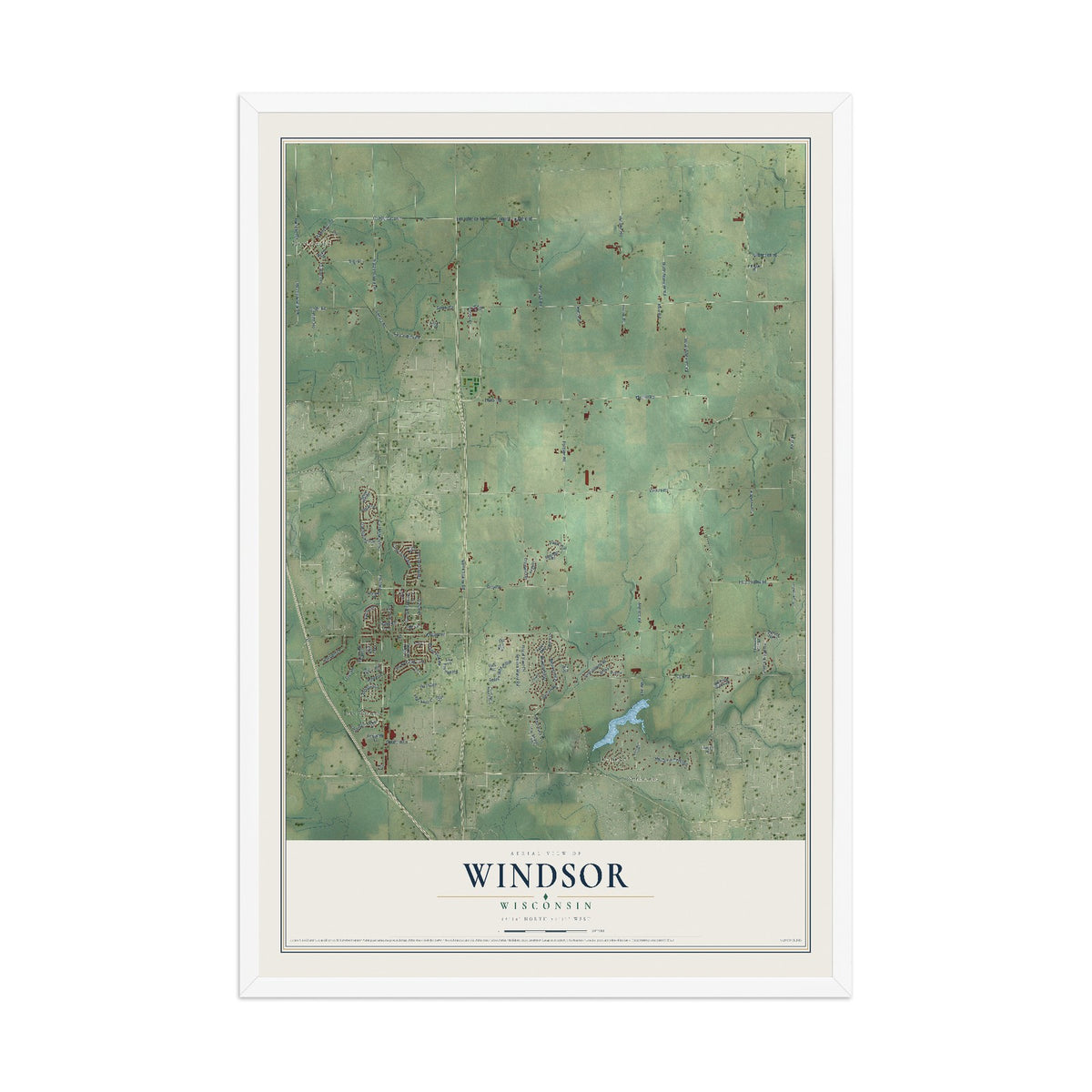 Map of Windsor, Wisconsin, 12 x 18 inch print in a white wood frame