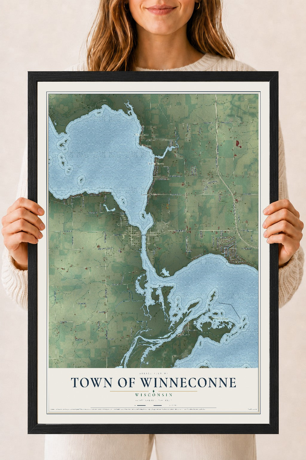 Map of the Town of Winneconne, Wisconsin, 18 x 24 inch print in a black wood frame