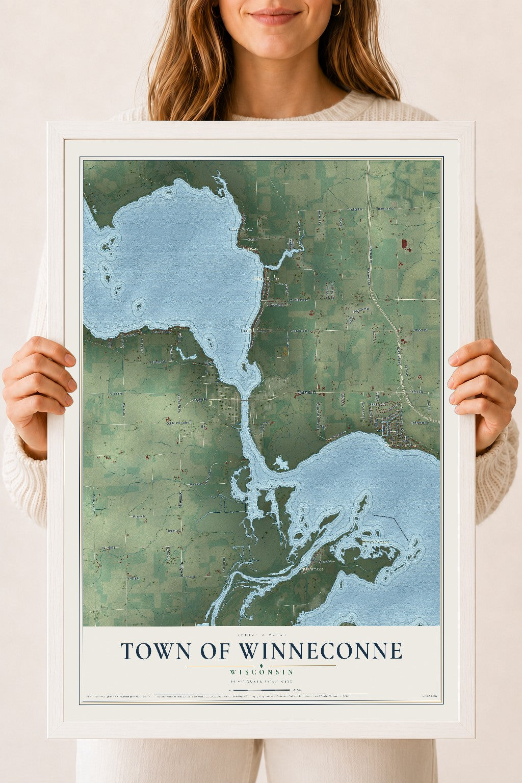 Map of the Town of Winneconne, Wisconsin, 18 x 24 inch print in a white wood frame