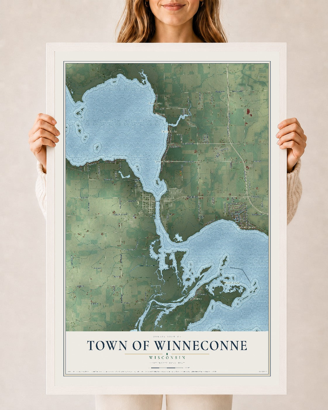 Map of the Town of Winneconne, Wisconsin, 24 x 36 inch print in a white wood frame